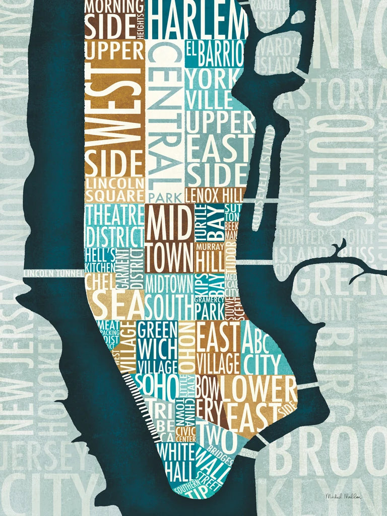 Manhattan Map Blue Brown by Michael Mullan