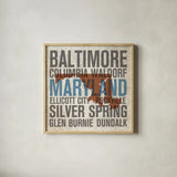 Maryland by Michael Mullan. Shown in a natural wood glass frame for a timeless modern aesthetic. Available as an archival giclee rolled canvas, fine art paper, or poster print. SKU 18064a.