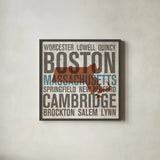Massachusetts by Michael Mullan. Shown in a sleek black glass frame for a contemporary gallery look. Available as an archival giclee rolled canvas, fine art paper, or poster print. SKU 18065a.