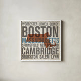 Massachusetts by Michael Mullan. Shown in a crisp white glass frame for a clean and minimalist style. Available as an archival giclee rolled canvas, fine art paper, or poster print. SKU 18065a.
