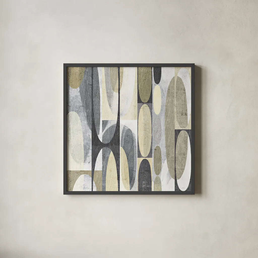 Mod Pods Achroma by Michael Mullan. Shown in a sleek black glass frame for a contemporary gallery look. Available as an archival giclee rolled canvas, fine art paper, or poster print. SKU 30005a.
