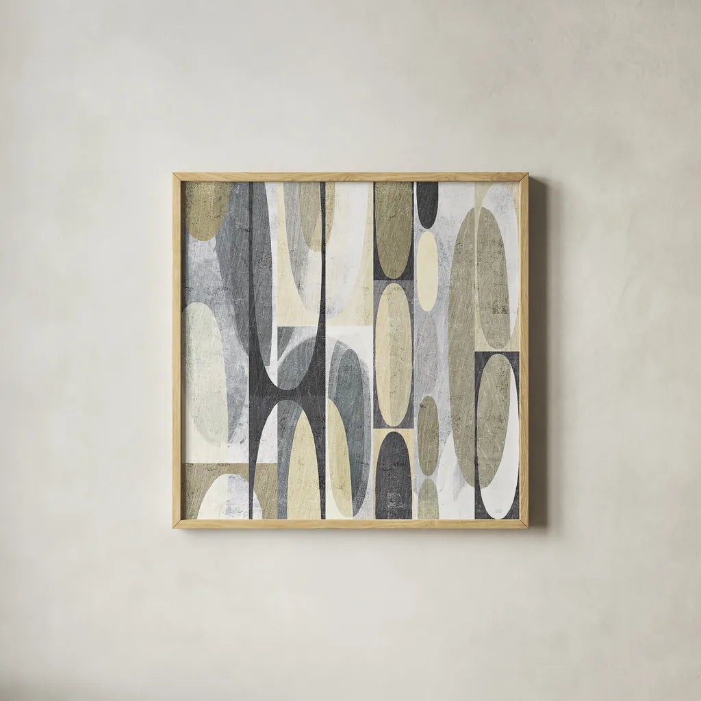 Mod Pods Achroma by Michael Mullan. Shown in a natural wood glass frame for a timeless modern aesthetic. Available as an archival giclee rolled canvas, fine art paper, or poster print. SKU 30005a.