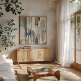 Mod Pods Achroma by Michael Mullan. Shown in a natural wood frame in a cozy modern living room. Available as an archival giclee rolled canvas, fine art paper, or poster print. SKU 30005a.