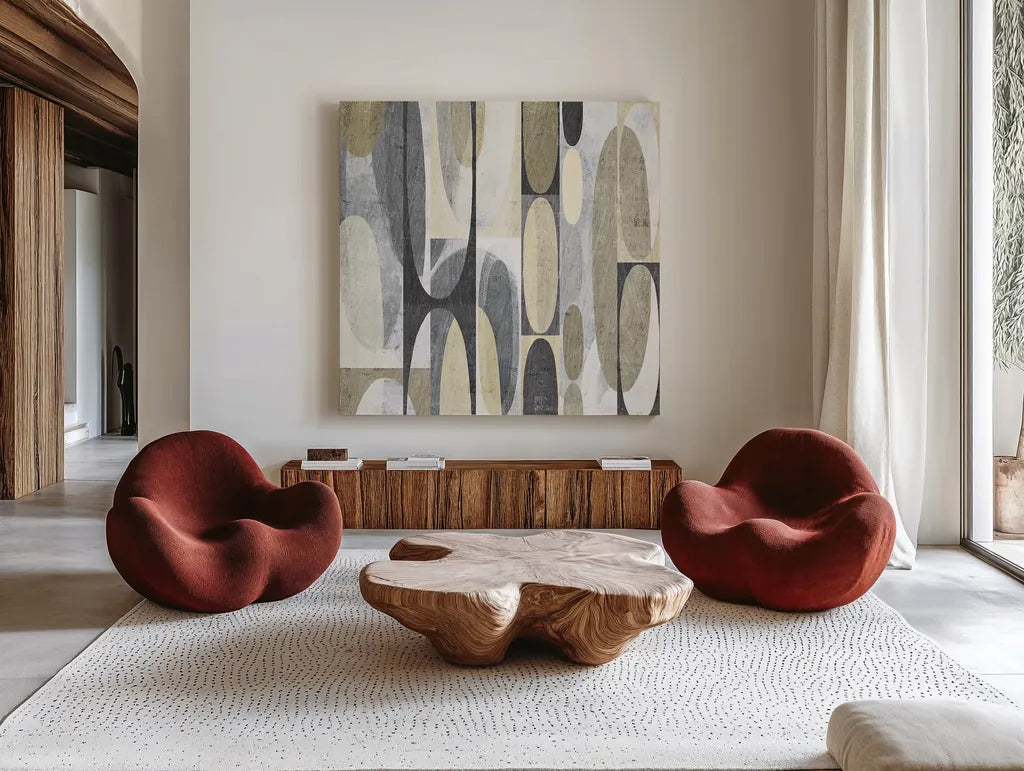 Mod Pods Achroma by Michael Mullan. Shown as extra-large giant wall art in a modern living room. Available as an archival giclee rolled canvas, fine art paper, or poster print. SKU 30005a.