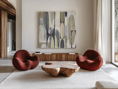 Mod Pods Achroma by Michael Mullan. Shown as extra-large giant wall art in a modern living room. Available as an archival giclee rolled canvas, fine art paper, or poster print. SKU 30005a.