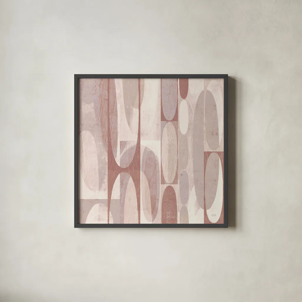 Mod Pods Blush by Michael Mullan. Shown in a sleek black glass frame for a contemporary gallery look. Available as an archival giclee rolled canvas, fine art paper, or poster print. SKU 42736a.