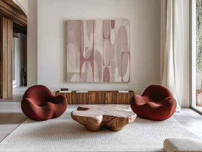 Mod Pods Blush by Michael Mullan. Shown as extra-large giant wall art in a modern living room. Available as an archival giclee rolled canvas, fine art paper, or poster print. SKU 42736a.