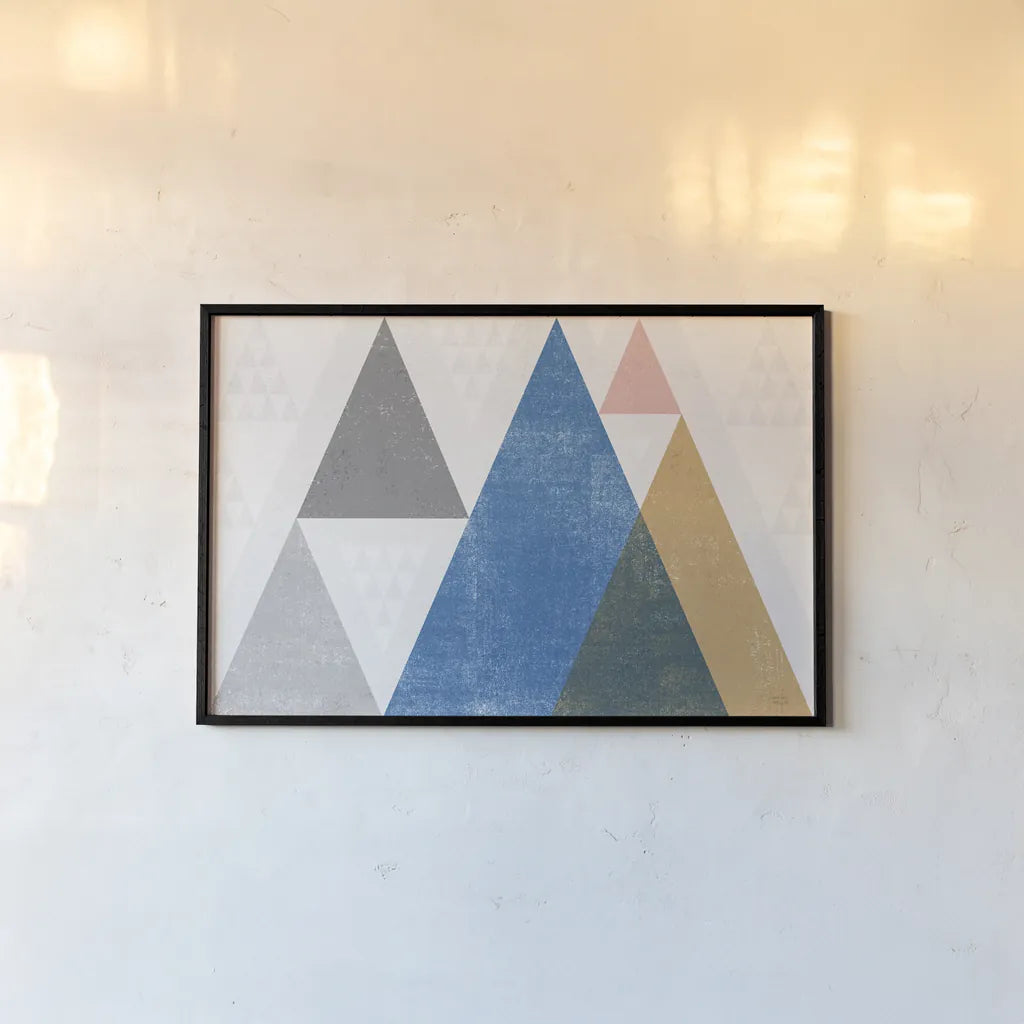Mod Triangles I Gray by Michael Mullan. shown as a paper print in a black flame. Available as a archival giclee rolled canvas, fine art paper, or poster print. SKU 42833i.