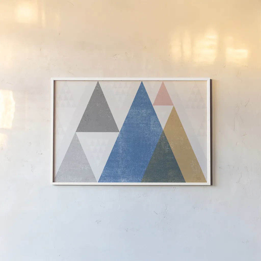 Mod Triangles I Gray by Michael Mullan. shown as a paper print in a white frame. Available as a archival giclee rolled canvas, fine art paper, or poster print. SKU 42833i.
