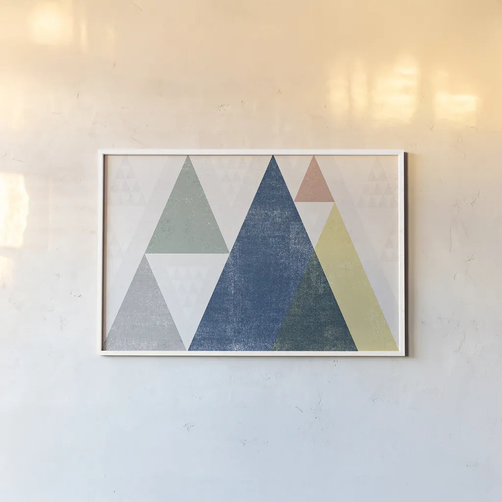 Mod Triangles I Soft by Michael Mullan. shown as a paper print in a white frame. Available as a archival giclee rolled canvas, fine art paper, or poster print. SKU 33787i.