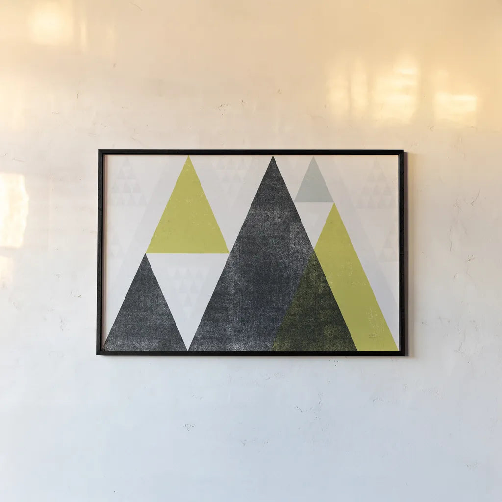 Mod Triangles I Yellow Black by Michael Mullan. shown as a paper print in a black flame. Available as a archival giclee rolled canvas, fine art paper, or poster print. SKU 64127i.
