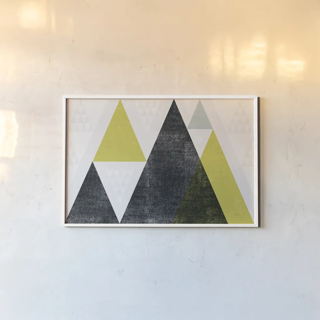 Mod Triangles I Yellow Black by Michael Mullan. shown as a paper print in a white frame. Available as a archival giclee rolled canvas, fine art paper, or poster print. SKU 64127i.
