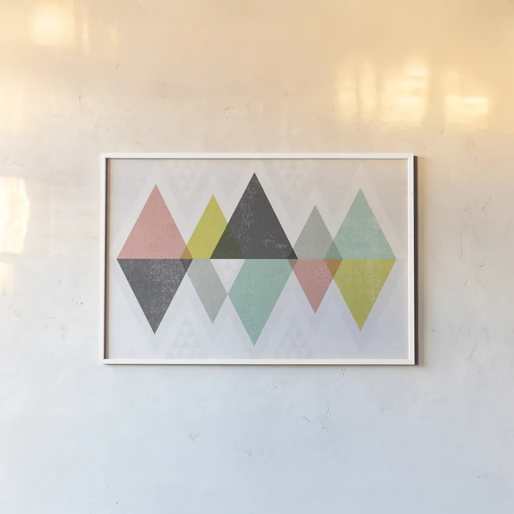 Mod Triangles II by Michael Mullan. shown as a paper print in a white frame. Available as a archival giclee rolled canvas, fine art paper, or poster print. SKU 22318i.