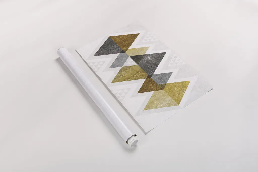 Mod Triangles II Gold by Michael Mullan. shown as a rolled paper print. Available as archival giclee rolled canvas, fine art paper, or poster print. SKU 22302i.