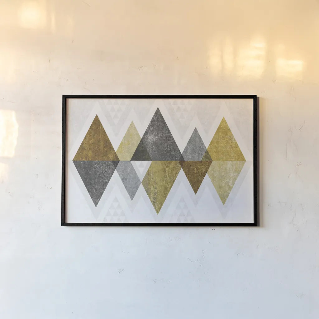 Mod Triangles II Gold by Michael Mullan. shown as a paper print in a black flame. Available as a archival giclee rolled canvas, fine art paper, or poster print. SKU 22302i.