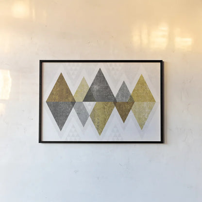 Mod Triangles II Gold by Michael Mullan. shown as a paper print in a black flame. Available as a archival giclee rolled canvas, fine art paper, or poster print. SKU 22302i.