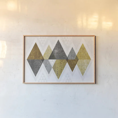 Mod Triangles II Gold by Michael Mullan. shown as a paper print in a natural frame. Available as a archival giclee rolled canvas, fine art paper, or poster print. SKU 22302i.