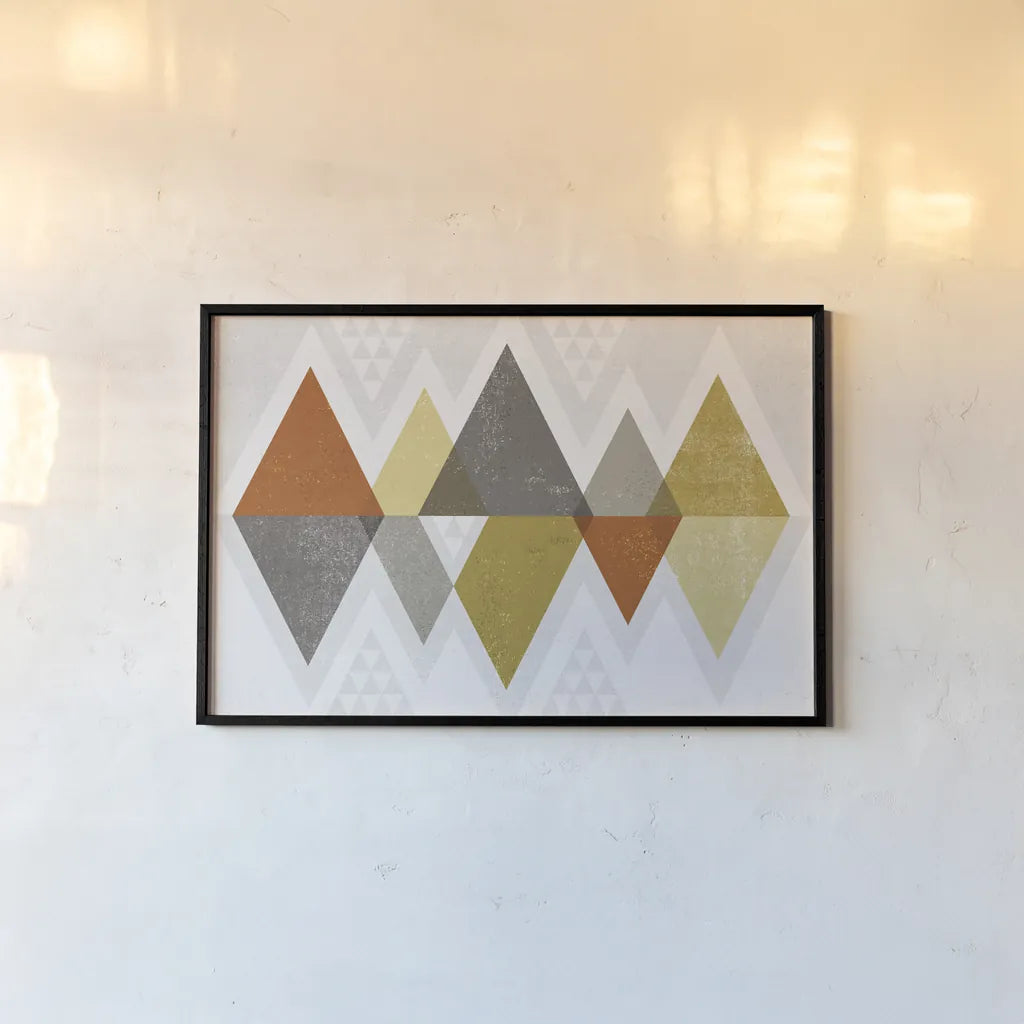 Mod Triangles II Retro by Michael Mullan. shown as a paper print in a black flame. Available as a archival giclee rolled canvas, fine art paper, or poster print. SKU 22310i.