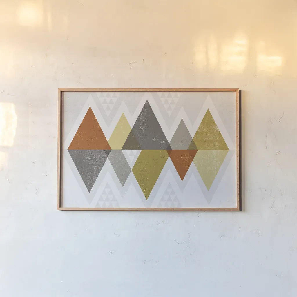 Mod Triangles II Retro by Michael Mullan. shown as a paper print in a natural frame. Available as a archival giclee rolled canvas, fine art paper, or poster print. SKU 22310i.