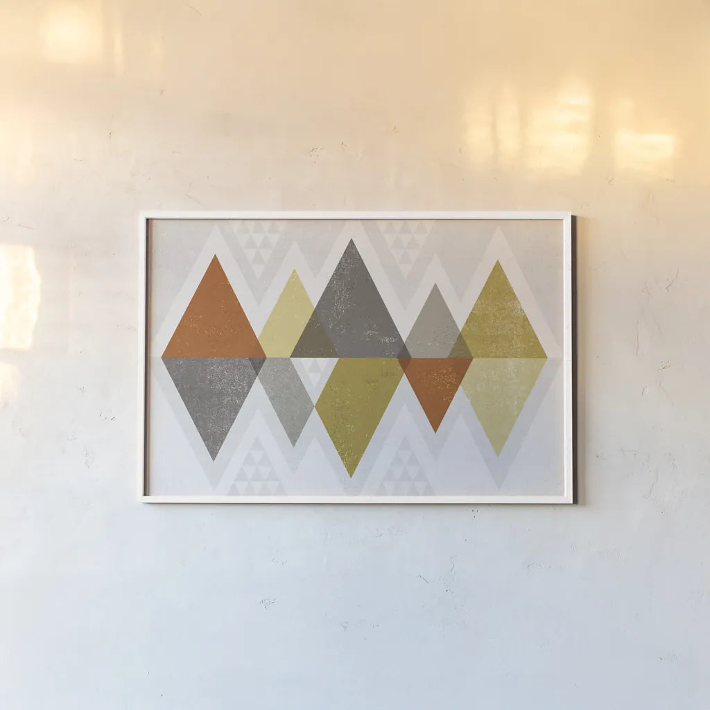 Mod Triangles II Retro by Michael Mullan. shown as a paper print in a white frame. Available as a archival giclee rolled canvas, fine art paper, or poster print. SKU 22310i.