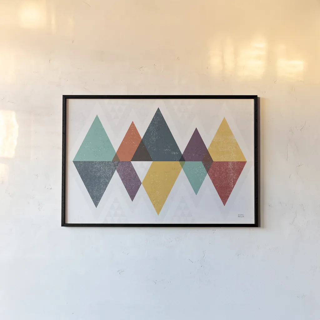 Mod Triangles II Retro by Michael Mullan. shown as a paper print in a black flame. Available as a archival giclee rolled canvas, fine art paper, or poster print. SKU 53844i.