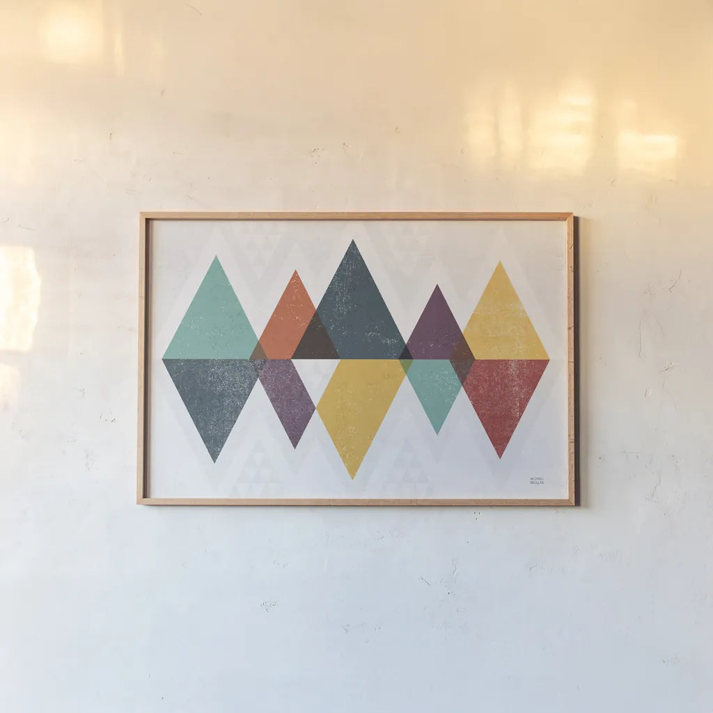 Mod Triangles II Retro by Michael Mullan. shown as a paper print in a natural frame. Available as a archival giclee rolled canvas, fine art paper, or poster print. SKU 53844i.