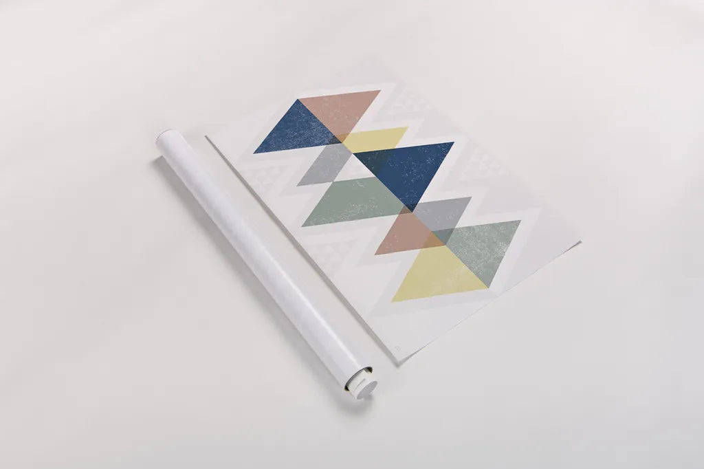 Mod Triangles II Soft by Michael Mullan. shown as a rolled paper print. Available as archival giclee rolled canvas, fine art paper, or poster print. SKU 33788i.