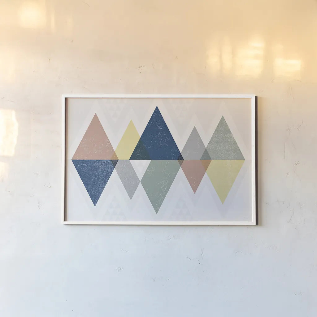Mod Triangles II Soft by Michael Mullan. shown as a paper print in a white frame. Available as a archival giclee rolled canvas, fine art paper, or poster print. SKU 33788i.