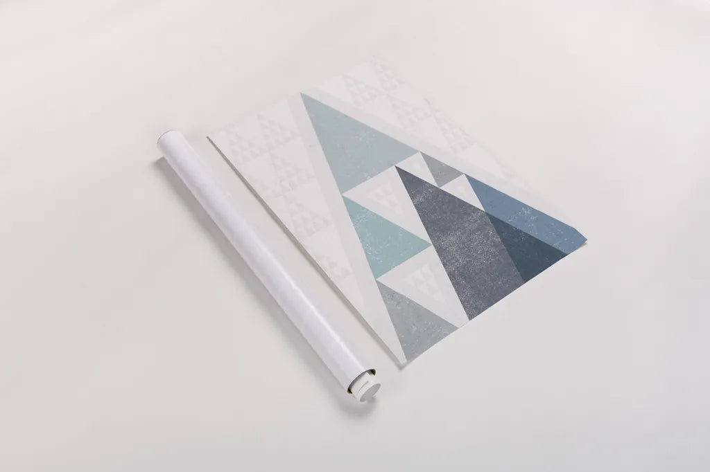 Mod Triangles III Blue by Michael Mullan. shown as a rolled paper print. Available as archival giclee rolled canvas, fine art paper, or poster print. SKU 22295h.