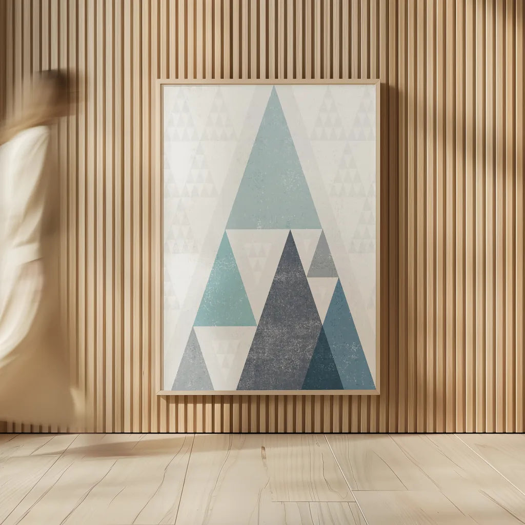 Mod Triangles III Blue by Michael Mullan. shown as over sized large wall art. Available as an archival giclee rolled canvas, fine art paper, or poster print. SKU 22295h.