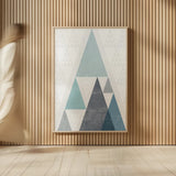 Mod Triangles III Blue by Michael Mullan. shown as over sized large wall art. Available as an archival giclee rolled canvas, fine art paper, or poster print. SKU 22295h.