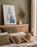 Mod Triangles III Blue by Michael Mullan. shown as a paper print in a natural frame. Available as a archival giclee rolled canvas, fine art paper, or poster print. SKU 22295h.