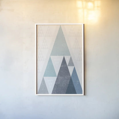 Mod Triangles III Blue by Michael Mullan. shown as a paper print in a white frame. Available as a archival giclee rolled canvas, fine art paper, or poster print. SKU 22295h.