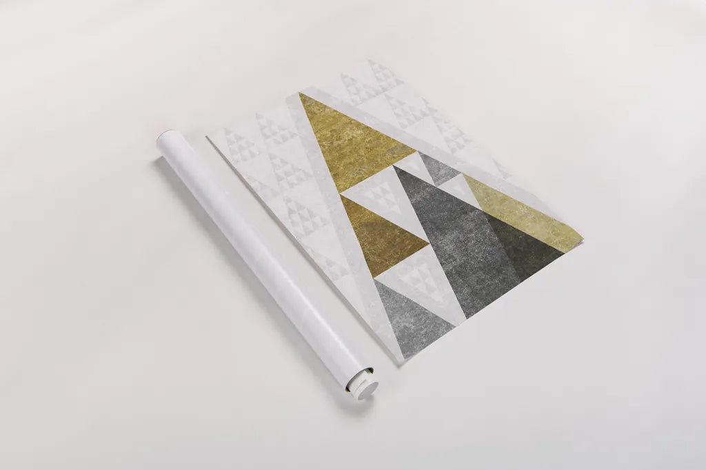 Mod Triangles III Gold by Michael Mullan. shown as a rolled paper print. Available as archival giclee rolled canvas, fine art paper, or poster print. SKU 22303h.