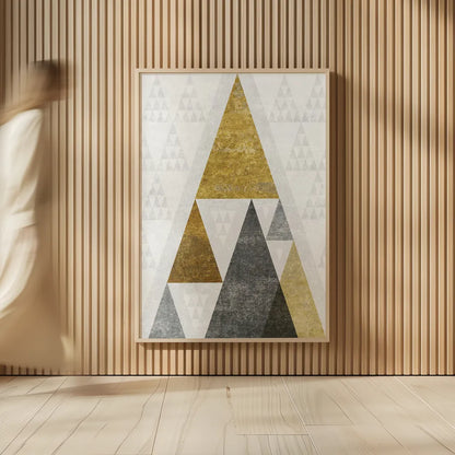 Mod Triangles III Gold by Michael Mullan. shown as over sized large wall art. Available as an archival giclee rolled canvas, fine art paper, or poster print. SKU 22303h.
