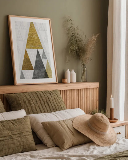 Mod Triangles III Gold by Michael Mullan. shown as a paper print in a natural frame. Available as a archival giclee rolled canvas, fine art paper, or poster print. SKU 22303h.