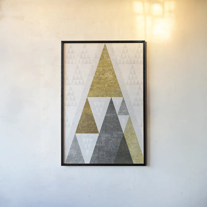 Mod Triangles III Gold by Michael Mullan. shown as a paper print in a black flame. Available as a archival giclee rolled canvas, fine art paper, or poster print. SKU 22303h.