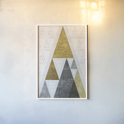Mod Triangles III Gold by Michael Mullan. shown as a paper print in a white frame. Available as a archival giclee rolled canvas, fine art paper, or poster print. SKU 22303h.