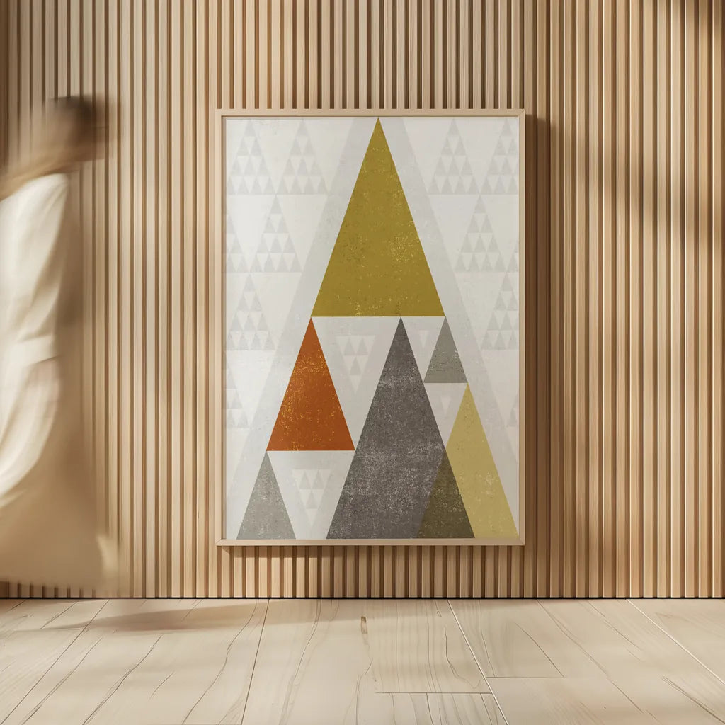 Mod Triangles III Retro by Michael Mullan. shown as over sized large wall art. Available as an archival giclee rolled canvas, fine art paper, or poster print. SKU 22311h.