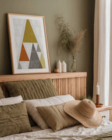 Mod Triangles III Retro by Michael Mullan. shown as a paper print in a natural frame. Available as a archival giclee rolled canvas, fine art paper, or poster print. SKU 22311h.