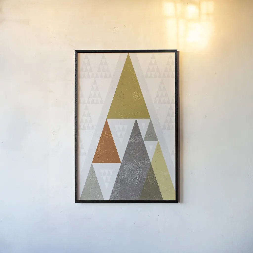 Mod Triangles III Retro by Michael Mullan. shown as a paper print in a black flame. Available as a archival giclee rolled canvas, fine art paper, or poster print. SKU 22311h.
