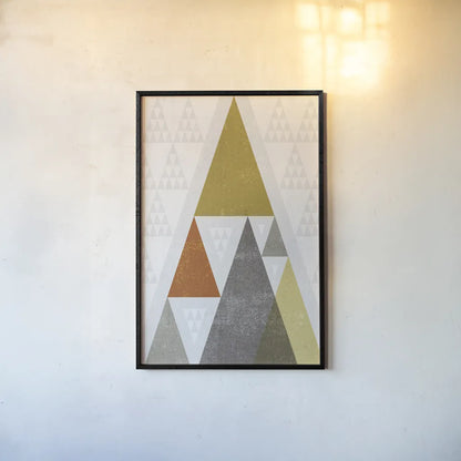 Mod Triangles III Retro by Michael Mullan. shown as a paper print in a black flame. Available as a archival giclee rolled canvas, fine art paper, or poster print. SKU 22311h.