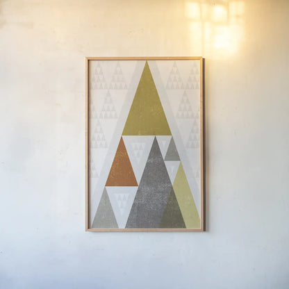 Mod Triangles III Retro by Michael Mullan. shown as a paper print in a natural frame. Available as a archival giclee rolled canvas, fine art paper, or poster print. SKU 22311h.