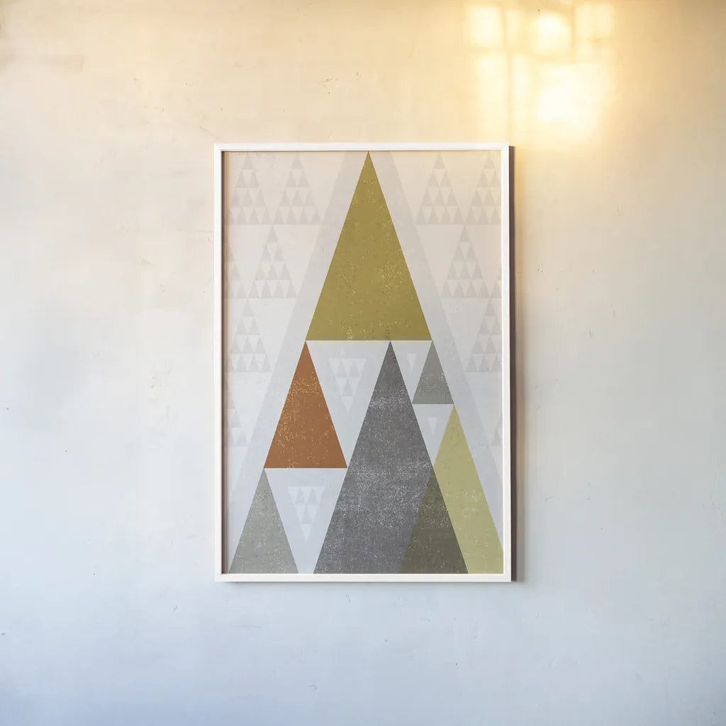 Mod Triangles III Retro by Michael Mullan. shown as a paper print in a white frame. Available as a archival giclee rolled canvas, fine art paper, or poster print. SKU 22311h.