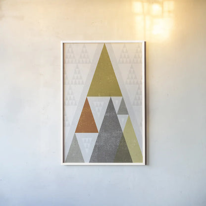 Mod Triangles III Retro by Michael Mullan. shown as a paper print in a white frame. Available as a archival giclee rolled canvas, fine art paper, or poster print. SKU 22311h.