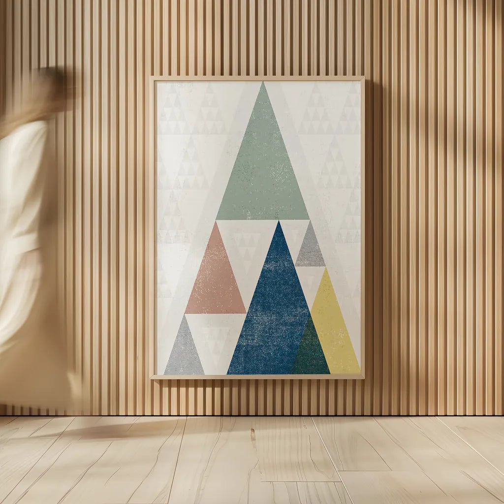 Mod Triangles III Soft by Michael Mullan. shown as over sized large wall art. Available as an archival giclee rolled canvas, fine art paper, or poster print. SKU 33794h.