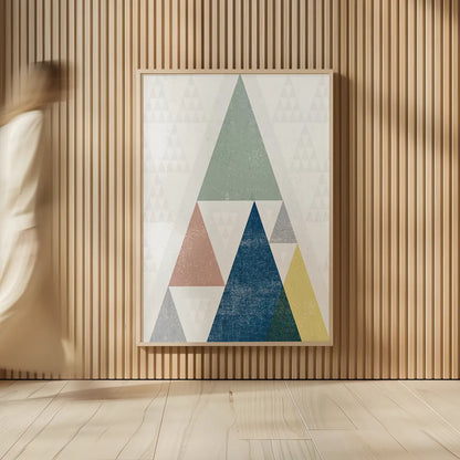 Mod Triangles III Soft by Michael Mullan. shown as over sized large wall art. Available as an archival giclee rolled canvas, fine art paper, or poster print. SKU 33794h.