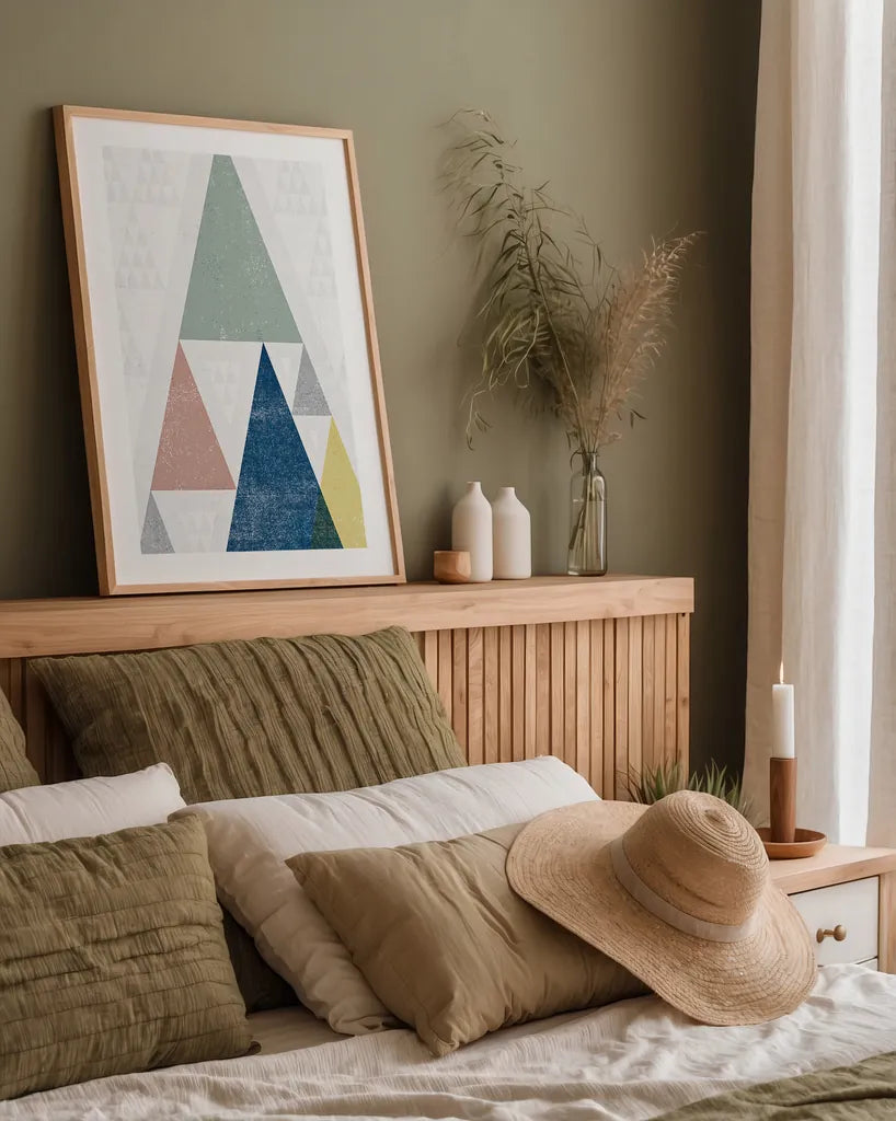 Mod Triangles III Soft by Michael Mullan. shown as a paper print in a natural frame. Available as a archival giclee rolled canvas, fine art paper, or poster print. SKU 33794h.