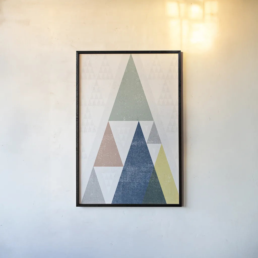 Mod Triangles III Soft by Michael Mullan. shown as a paper print in a black flame. Available as a archival giclee rolled canvas, fine art paper, or poster print. SKU 33794h.