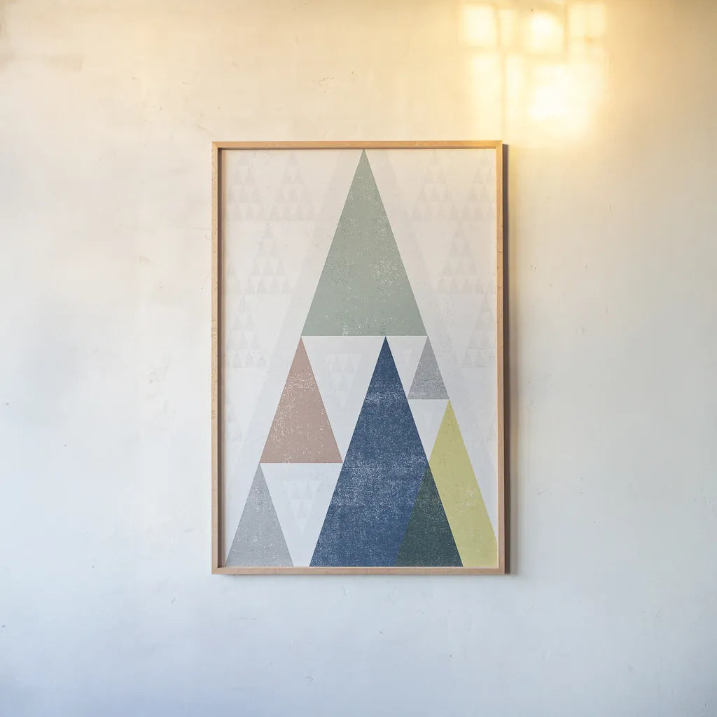 Mod Triangles III Soft by Michael Mullan. shown as a paper print in a natural frame. Available as a archival giclee rolled canvas, fine art paper, or poster print. SKU 33794h.